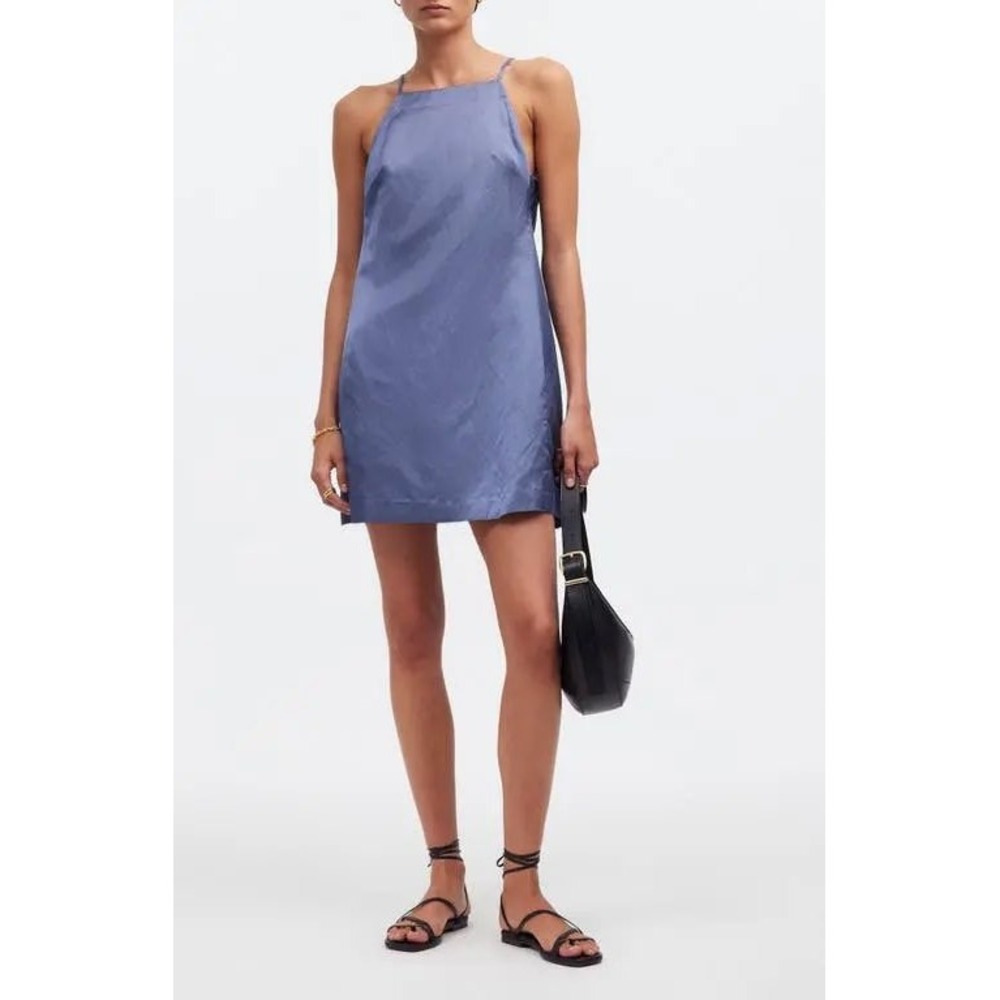 Madewell Mini Dress Size 2 Blue Satin High Neck Linen Blend Chic Lightweight NEW